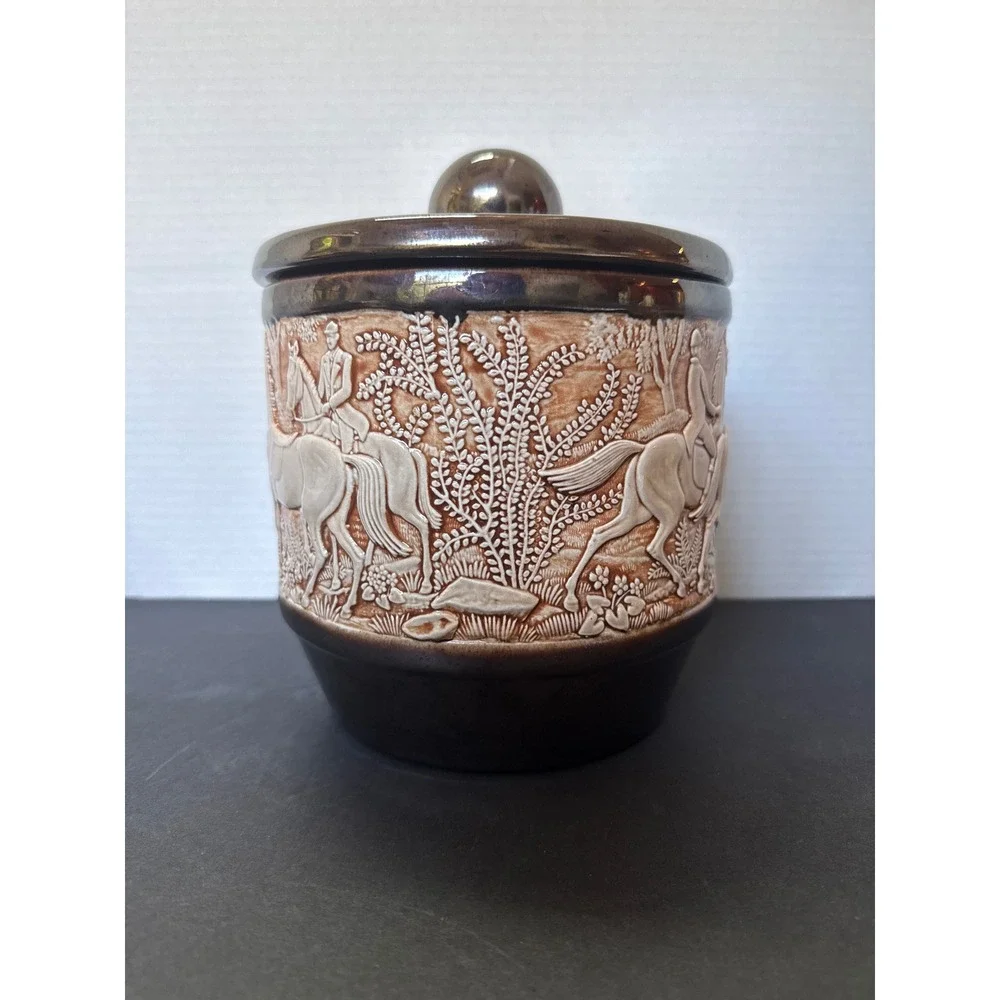 Vintage Fox Hunt Ceramic Cookie Jar Canister Embossed Equestrian Scene Brown